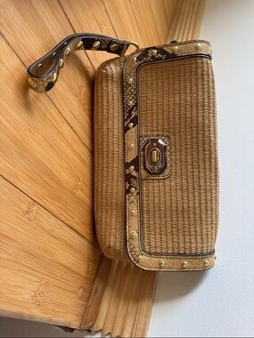 Coach Woven Straw Wristlet Clutch in Tan with Stud Trim